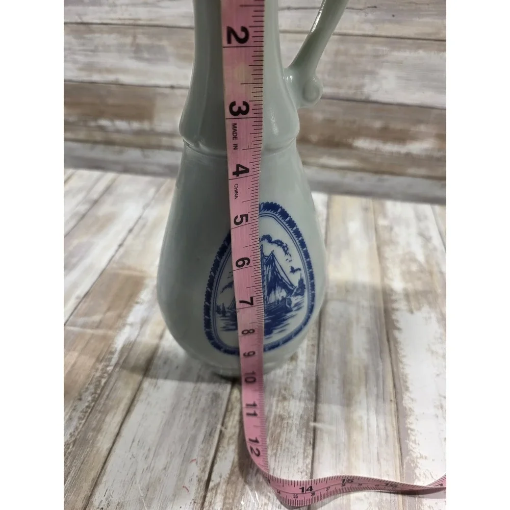 Vintage White Ceramic Pitcher Vase Blue Nautical‎ Sailboat Scene Handle Raised